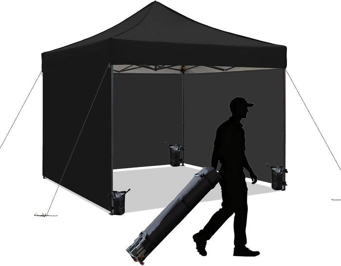 10x10 Pop up Canopy Tent with Sidewalls,Heavy Duty Waterproof Sun Shade Canopy Easy up Canopy with Wheel Bag Commercial Gazebo Tent for Outdoors Parties Vendors Camping Beach (Black)