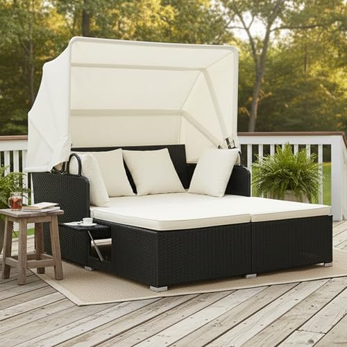 Tangkula Patio Rattan Daybed with Retractable Canopy, Outdoor Wicker Sunbed L...