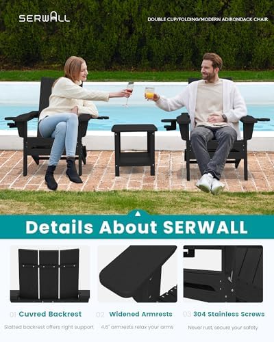 SERWALL Modern Folding Adirondack Chairs Set of 2, HDPE, Cup Holders, Black