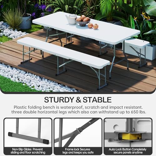 VSOAEIL 6 Foot Folding Bench, 6 FT Foldable Plastic Bench Indoor & Outdoor
