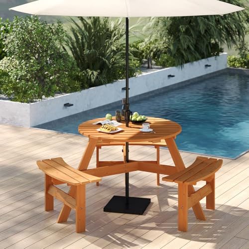 Tangkula 6-Person Wood Picnic Table, Outdoor Round Table and Bench Set with 3...