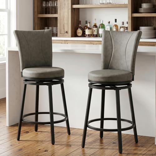 Bar Stools Set of 2, PU Leather Upholstered Swivel Barstool, 24″ Counter Heig...