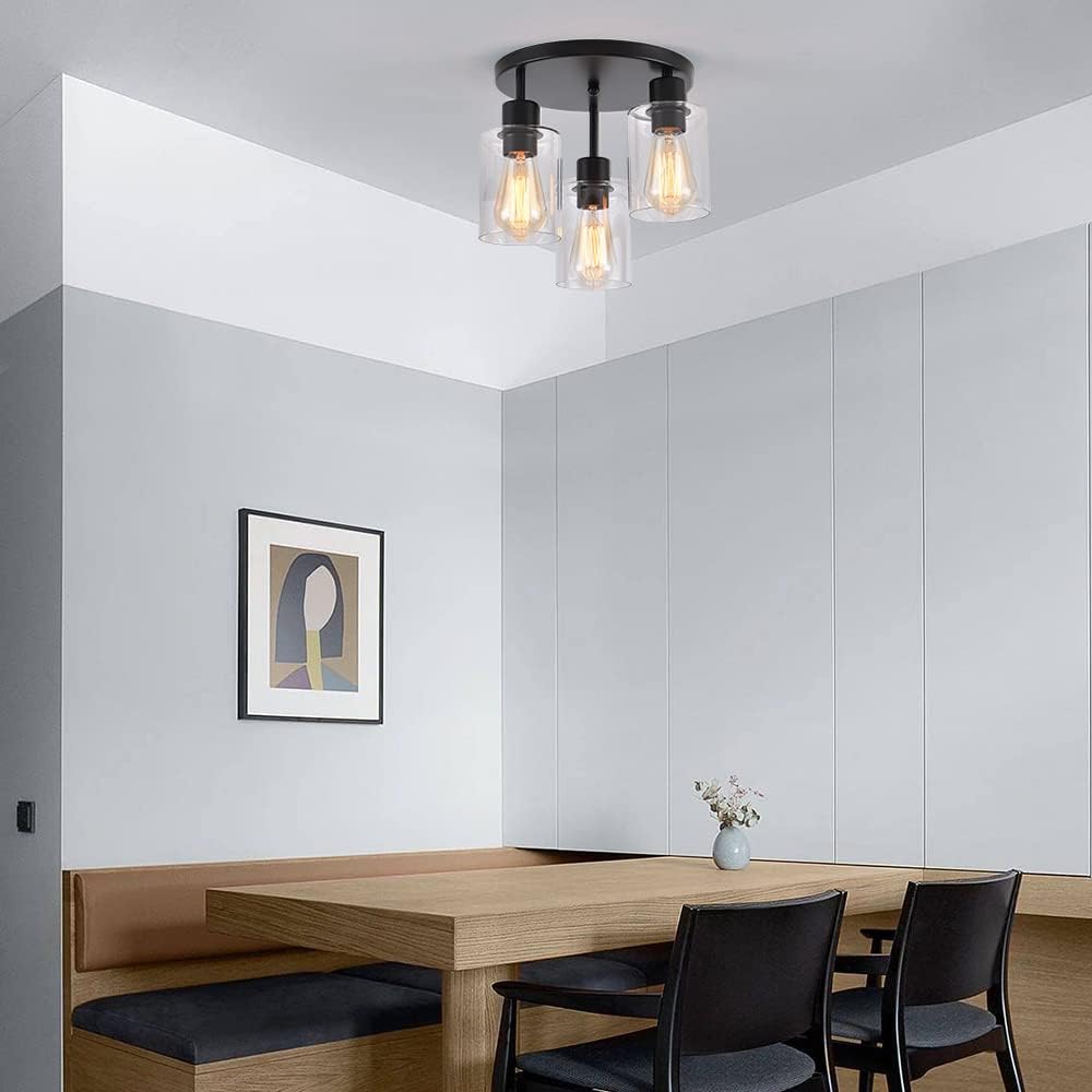 3-Light Industrial Farmhouse Black Matte Light Fixtures Ceiling Mount, with C...