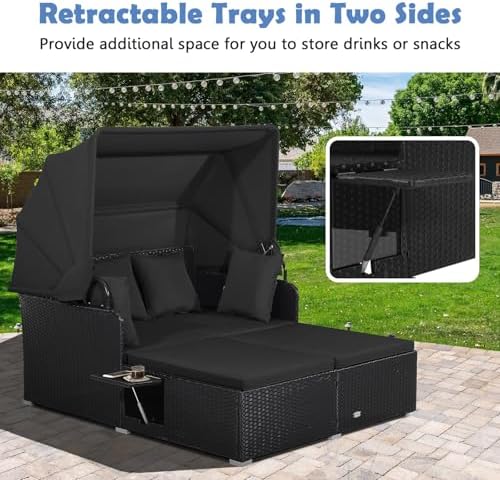 Tangkula Patio Rattan Daybed with Retractable Canopy, Outdoor Wicker Sunbed L...
