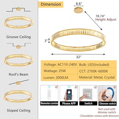 32'' Modern Ring Chandelier Crystal Chandeliers for Dining Room Round...
