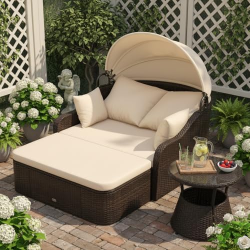 Tangkula PE Rattan Patio Daybed with Retractable Canopy, Double Lounge Bed wi...