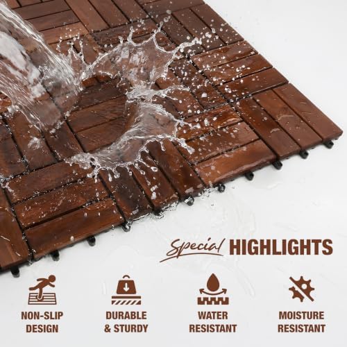 Acacia Wood Interlocking Deck Tiles, Patio & Backyard Tile, 12 in, 9 PCS