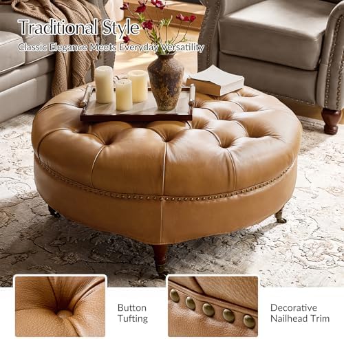 HULALA HOME 40" Genuine Leather Coffee Table with Rolling Wheels, Camel