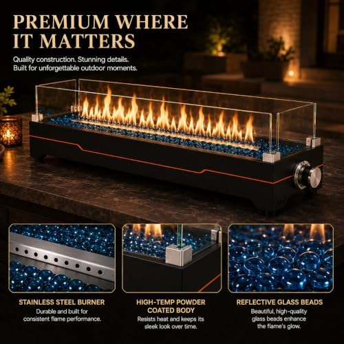 Grisun 36 Inch Tabletop Fire Pit with Glass Wind Guards for Patio & Camping