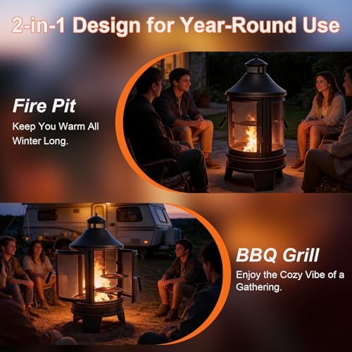 Gotland 2 in 1 Metal Chimenea with Grill, Outdoor Fire Pit with Adjustable Gr...