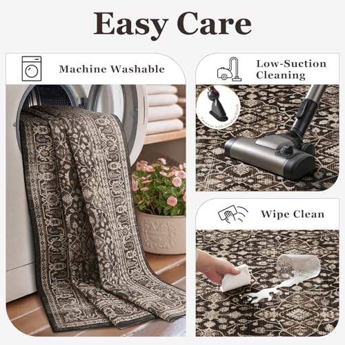 Dark Wood Brown 5x7 Rugs for Living Room Bedroom, Washable Rug with Vintage F...