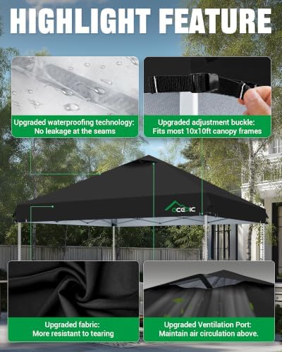 ACEPIC Upgraded 10x10 Canopy Replacement Top with Air Vent(Black, Top Only)