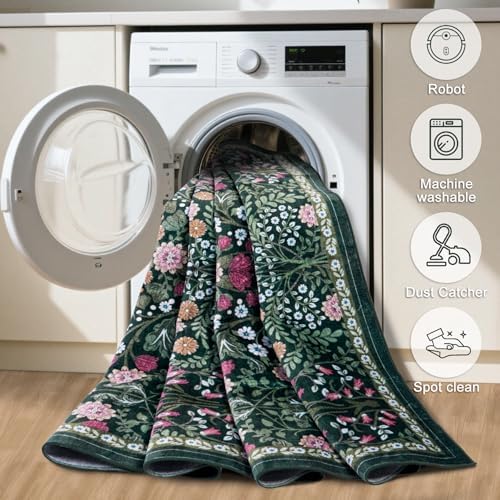 PLHXFR Area Rug Living Room: 5x7 Floral Washable Boho Carpet Dark Green