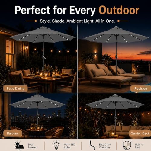 Yaheetech 9FT Solar Patio Umbrella w/Push Button Tilt & Crank, Gray