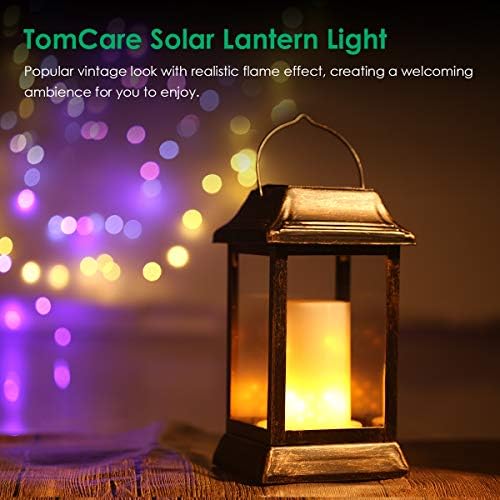TomCare Flickering Flame Solar Lights Outdoor Metal Hanging Lantern, 2 Pack