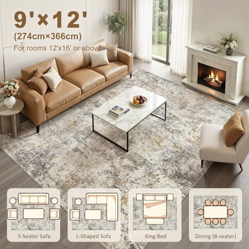 kakania Washable 9x12 Area Rug for Living Room: Abstract Modern Home Decor
