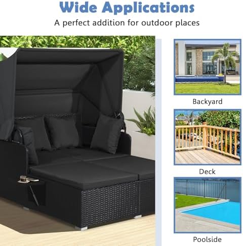 Tangkula Patio Rattan Daybed with Retractable Canopy, Outdoor Wicker Sunbed L...