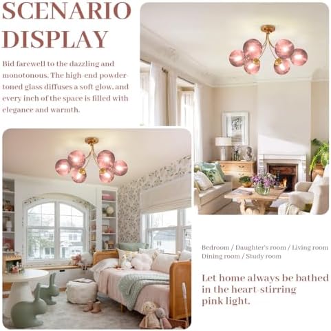 6-Light Pink Chandelier, Glass Globes Flush Mount Ceiling Light