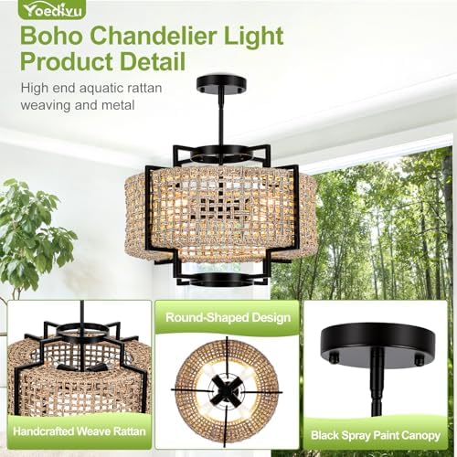 18" Rattan Chandelier, 4-Light Boho Pendant Light for Dining Room