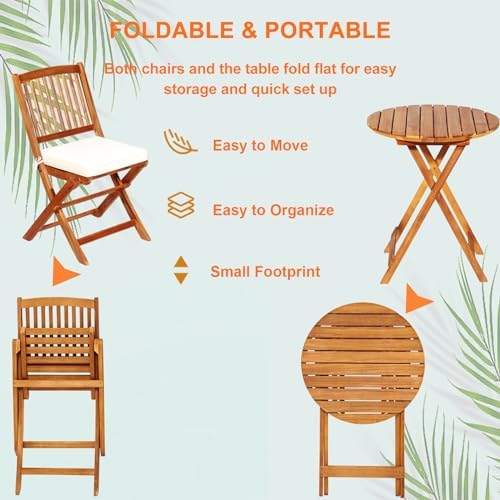 S AFSTAR Bistro Table and Chairs Set of 2, Acacia Wood Folding Bistro Set for...