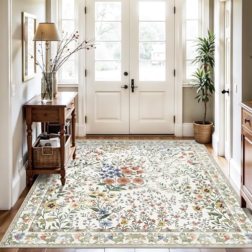 6x6 Washable Area Rug Living Room: Floral Non-Slip Washable Mat for Indoor Fl...