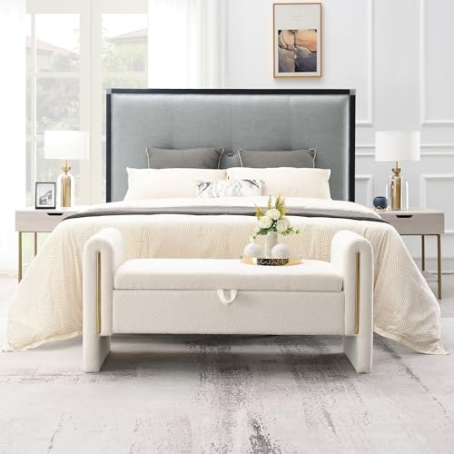 52" Upholstered Storage Bench, White, Armrests, Wood Frame