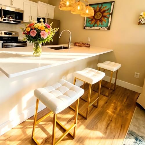 RNKSFX White & Gold Counter Height Bar Stools Set of 3 for Kitchen Counte...