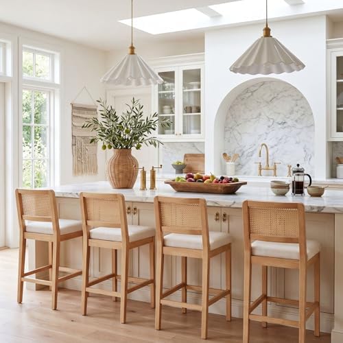 HNY Rattan Counter Bar Stools Set of 4, Farmhouse Bar Stools with Back and Wo...
