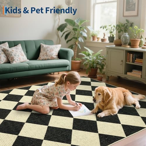 GarveeHome Area Rugs 8x10 for Living Room Black Checkered Washable Rug