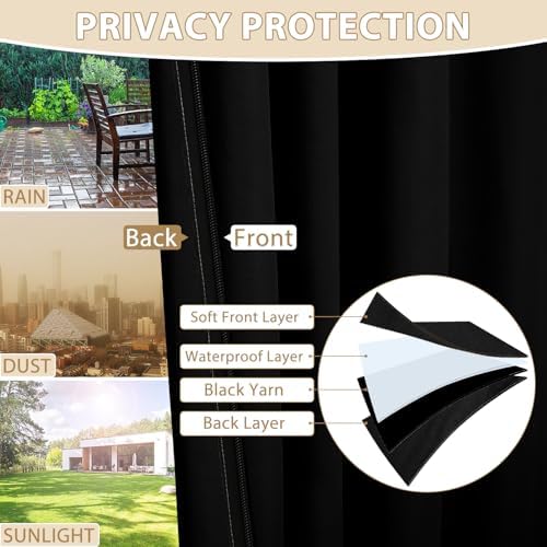 HDCAXKJ Waterproof Outdoor Curtains for Patio with Zipper Top & Bottom Gr...