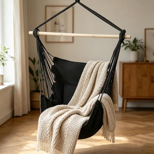 MoNiBloom Hammock Chair Hanging Rope Swing w/2 Cushions, Hold 350lbs, Black