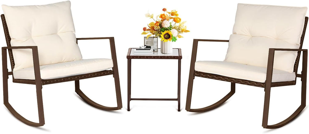 SUNCROWN 3 Piece Outdoor Rocking Bistro Set Brown Wicker Furniture Porch Chai...