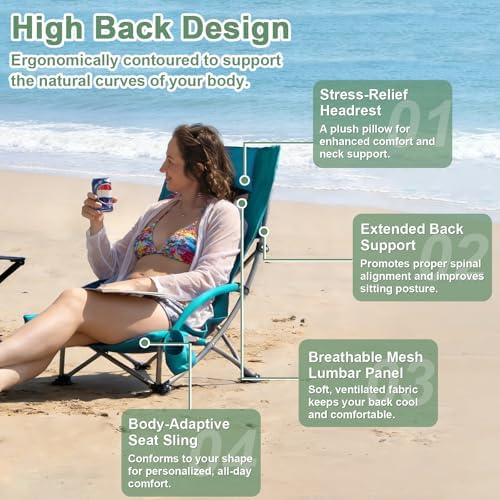 Romswi High Back Beach Chair, Compact Lightweight Low Seat Camping Chair, Fit...