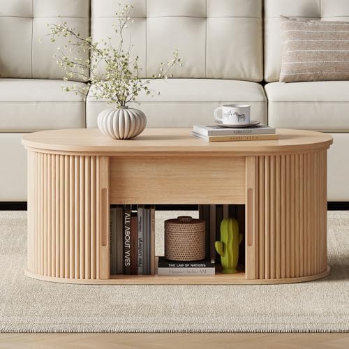 LINSY Lift Top Coffee Table, Oval Fluted Coffee Table with Storage, Boho Wood...
