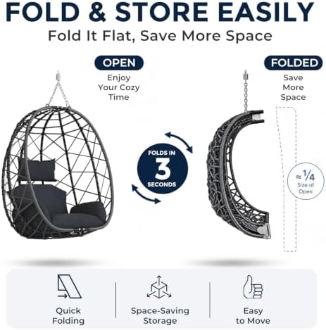SWITTE Hanging Egg Chair with Stand Outdoor, Wicker Patio Swing, Grey