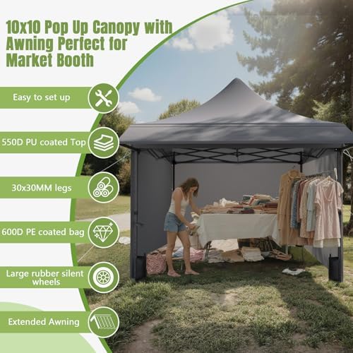 10x10 Heavy Duty Pop Up Canopy Tent with Awning and Sidewalls, Grey