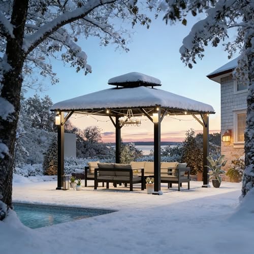 Modern Shade Hardtop Gazebo 10x10 with 4 LED Lights for Backyard, Black