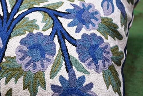 Blue Tree of Life Pillow Cover Indigo Plant Floral Pillowcase Needlepoint Bot...