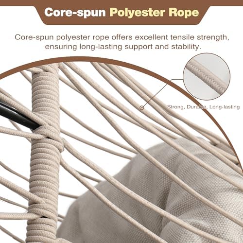 Upgraded Core-Spun Polyester Rope Hanging Egg Chair w/Stand, Foldable Swing S...