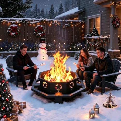 45 Inch Fire Pit for Outside Wood Burning, Outdoor Octagonal Fire Pit with Po...