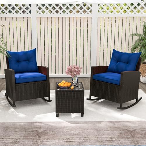RELAX4LIFE 3-Piece Rocking Bistro Set - Rattan Wicker Rocking Chairs Set of 2...