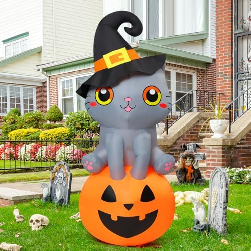 GOOSH 6 FT Halloween Inflatables Cat Outdoor Decorations Blow Up Yard Cute Wi...