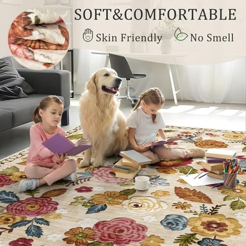 Washable 8x10 Area Rug, Beige Boho Floral Non-Slip for Living Room, Bedroom