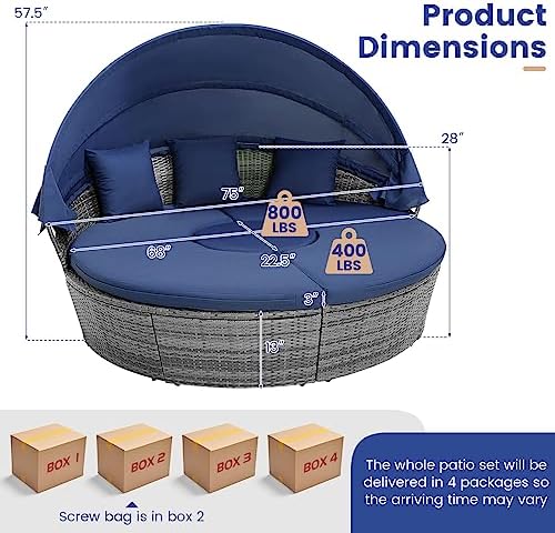 HAPPYGRILL Outdoor Daybed with Canopy, Wicker Rattan Sectional Sofa with Coff...