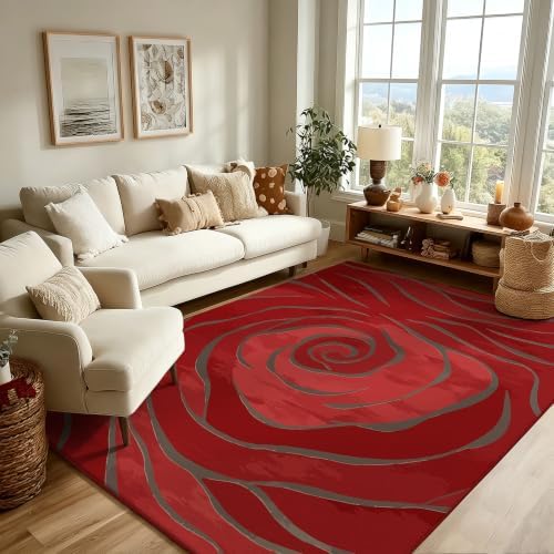 5x7 Red Rose Area Rug for Living Room Washable Rugs Bedroom Dining Room