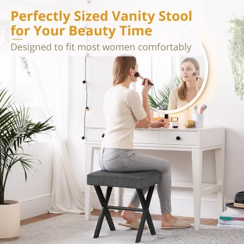 LUE BONA Vanity Stool, Square Linen Makeup Stool with Metal X Legs, Small Ott...