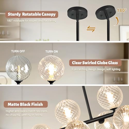 Clear Ribbed Glass Globe Chandelier, 8-Light Bubble Dining Room Chandelier 37...