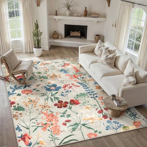 PureCozy Washable Floral Area Rug 6x9 for Living Room Vintage Beige Carpet
