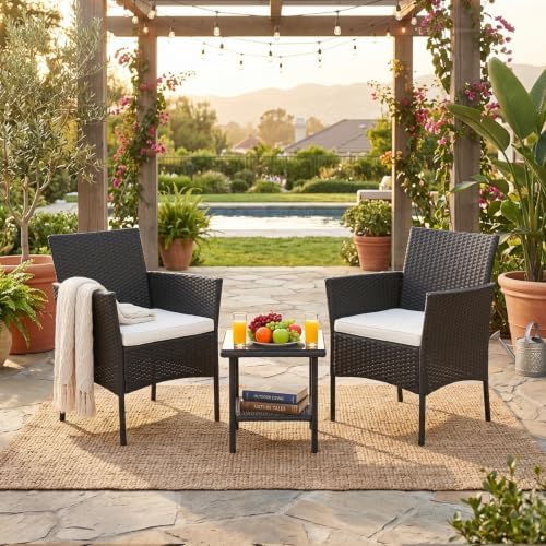 FDW 3-Piece Patio Furniture Set | Black & Beige | Outdoor Wicker Furniture