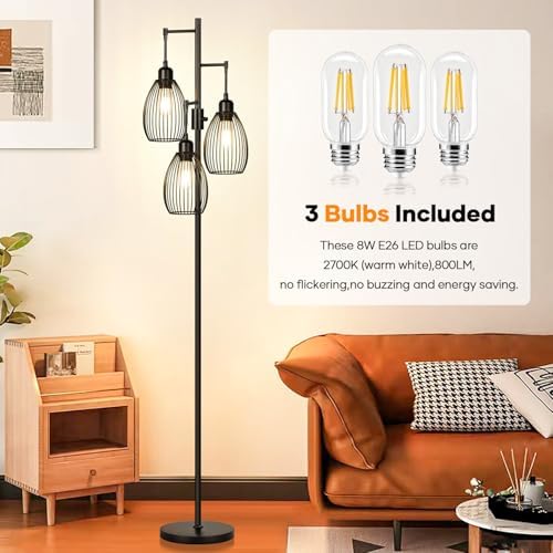 Dimmable Floor Lamp, 3 x 800LM LED Edison Bulbs Included, Farmhouse Industria...